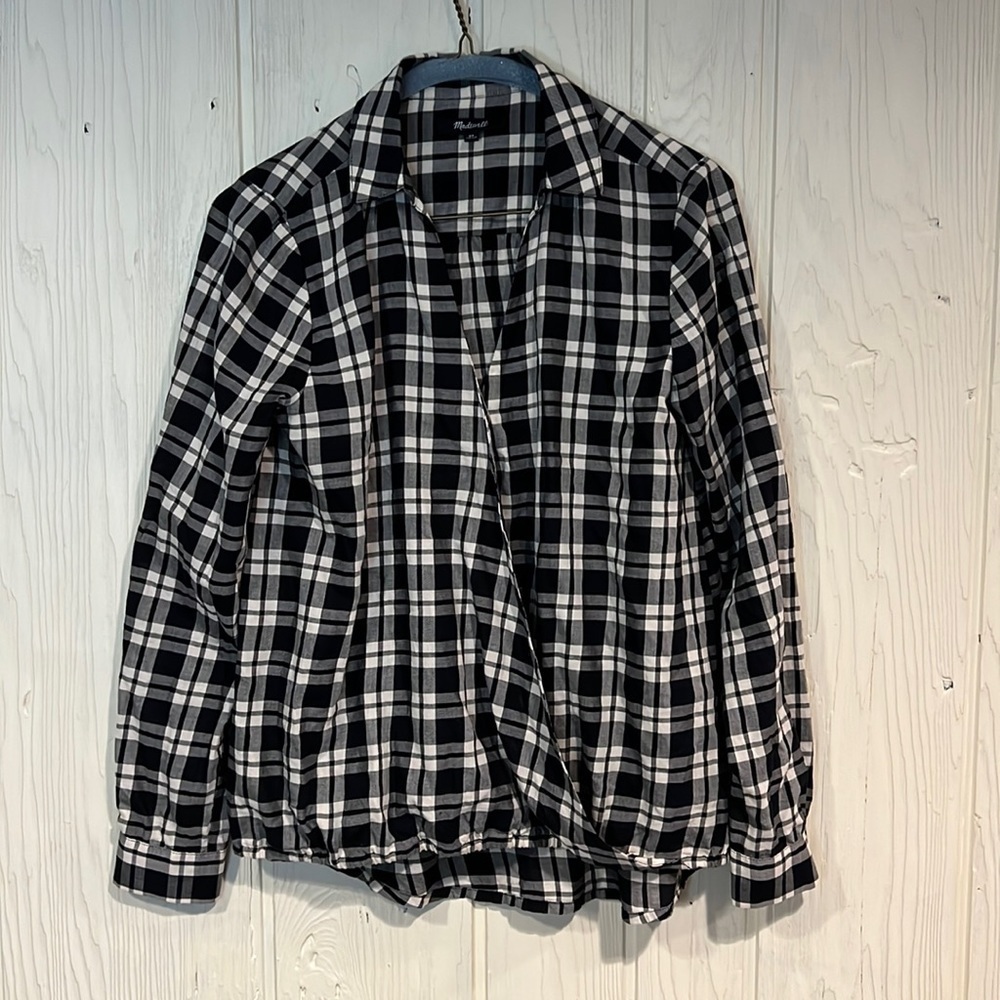 MADEWELL Arion Black and White Plaid Wrap Front Shirt, Size XS